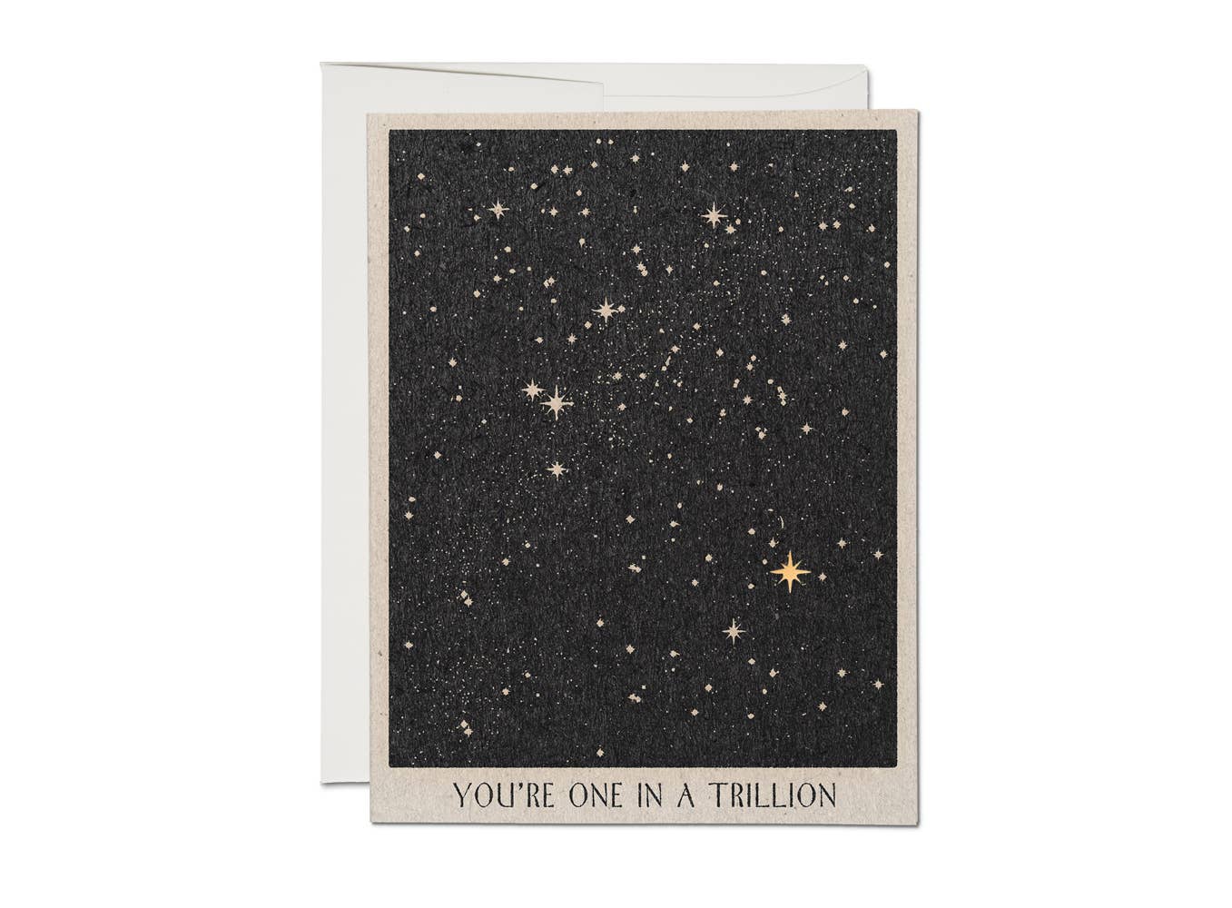 Minimalist black ink card with starry night design and 'You're one in a trillion' text on natural white paper