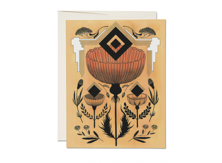 Decorative greeting card with floral and geometric design on an ochre background