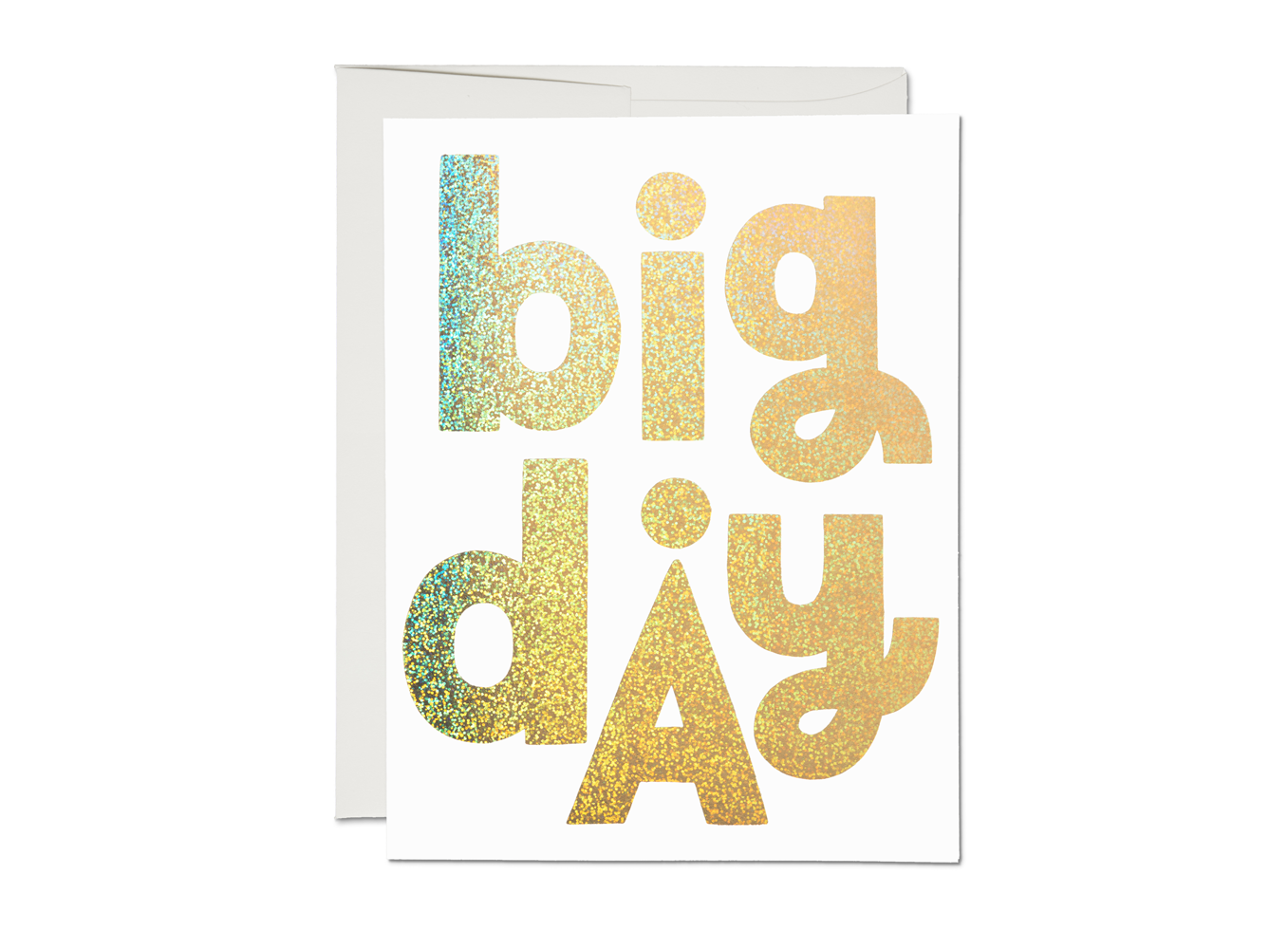 Greeting card with 'big day' text in gold glitter on a white background