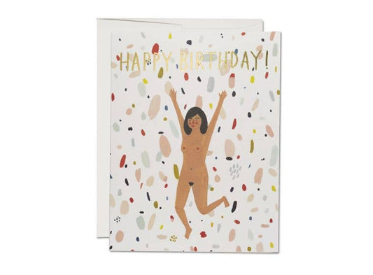 Birthday card with a celebrating nude figure and 'Happy Birthday!' text on a white background