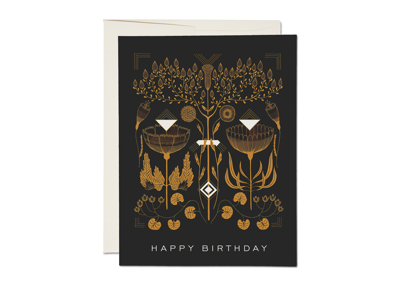 Greeting card with gold floral design and 'Happy Birthday' text on a black background