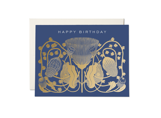 Blue birthday card with gold floral design and white 'Happy Birthday' text