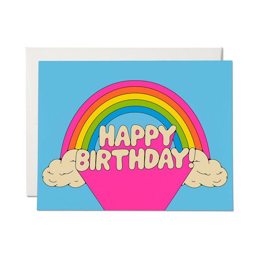 Greeting card with a cartoon rainbow and 'Happy Birthday' text on a blue background