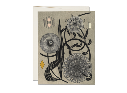 Decorative card with floral designs and geometric shapes on a gray background