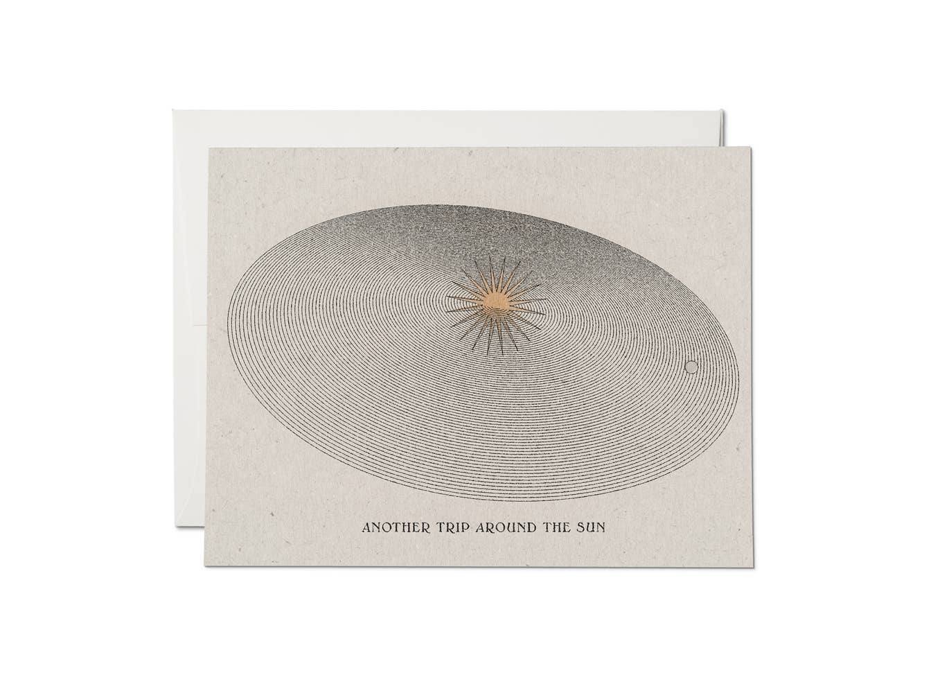 Card with circular pattern around minimalist sun and text 'Another Trip Around the Sun' on a white background