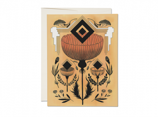 Decorative greeting card with floral and geometric design on an ochre background