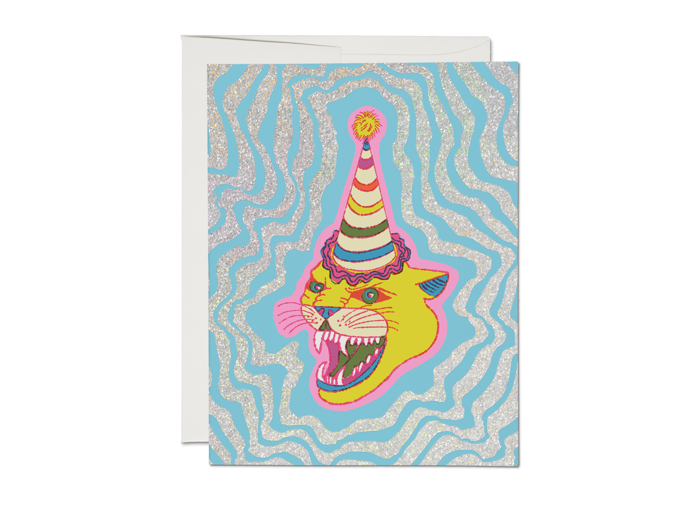 Greeting card with a colorful lion wearing a party hat on a blue and white wavy patterned background